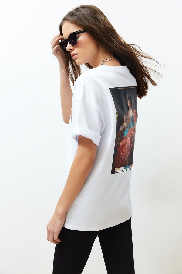 Trendyol Trendyol White 100% Cotton Oversize/Wide-Fit Back and Front Printed Knitted T-Shirt