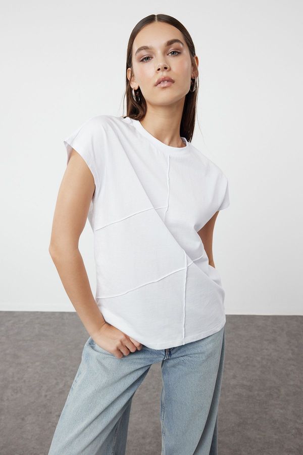 Trendyol Trendyol White 100% Cotton Oversize/Wide Fit Knitted T-Shirt with Piping Detail