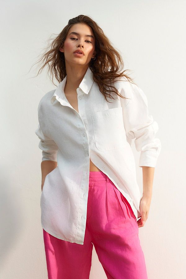 Trendyol Trendyol White 100% Linen Oversize Shirt