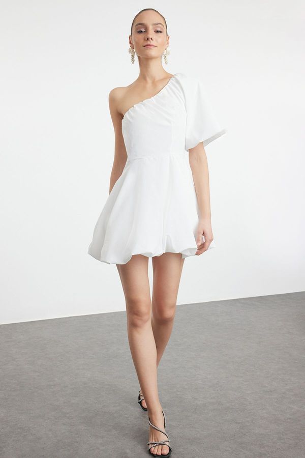 Trendyol Trendyol White A-Cut Balloon Skirt Detailed One-Shoulder Poplin Woven Short Dress