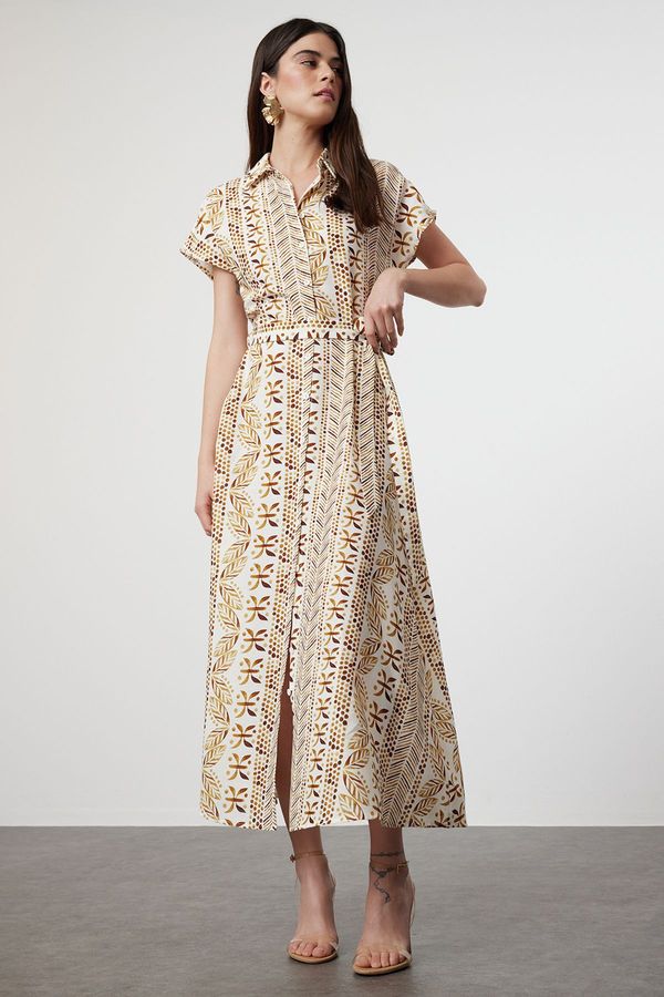 Trendyol Trendyol White Belted Ethnic Patterned Midi Woven Shirt Dress