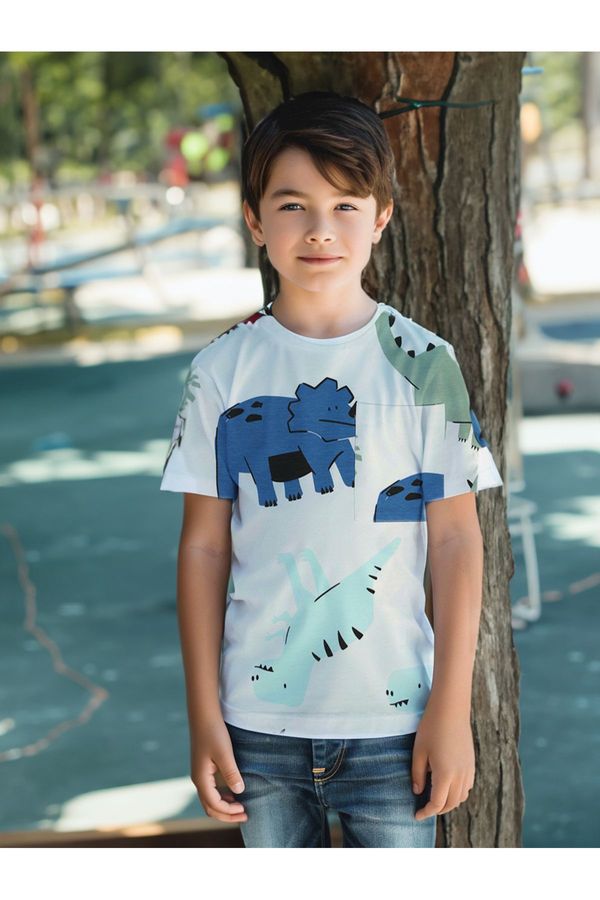 Trendyol Trendyol White Boy Dinosaur Printed Short Sleeve Knitted T-Shirt