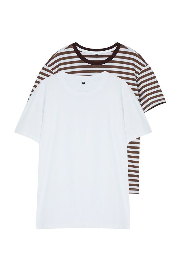 Trendyol Trendyol White-Brown Striped Basic Regular Cut 2-Pack Short Sleeve T-Shirt