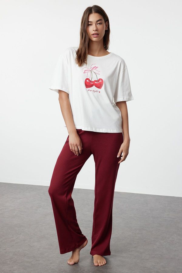 Trendyol Trendyol White Cherry and Ribbon/Bow Printed Top Single Jersey Bottom Camisole Knitted Pajama Set