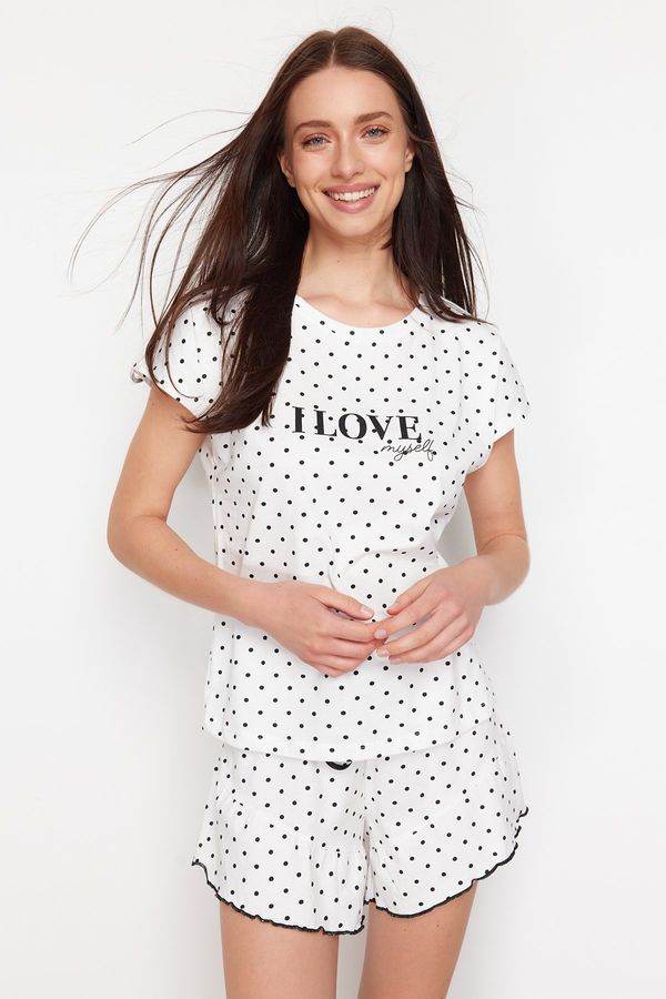 Trendyol Trendyol White Cotton Polka Dot and Slogan Printed Knitted Pajamas Set