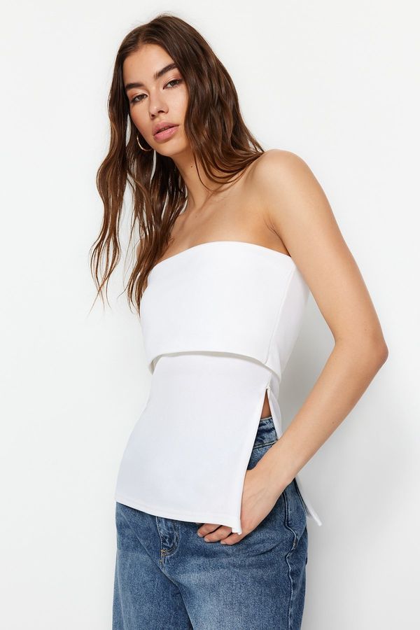 Trendyol Trendyol White Crepe Knitted Blouse with a Strapless Collar and Zipper on the Side