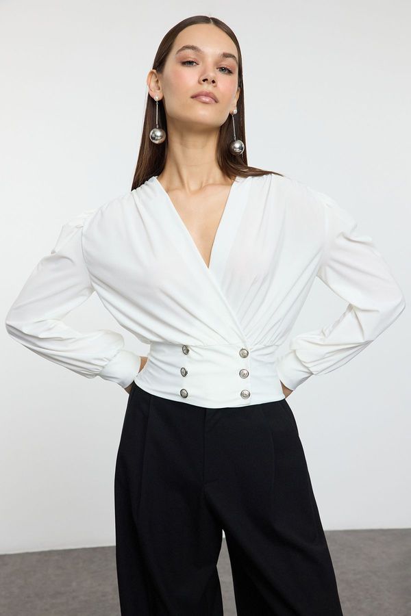 Trendyol Trendyol White Crop Button Detailed Knitted Chic Blouse