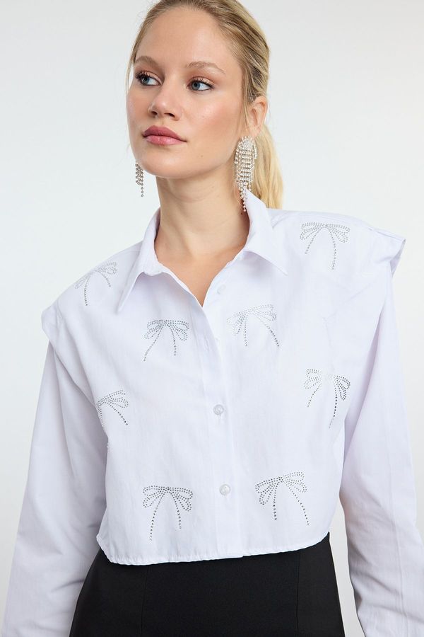 Trendyol Trendyol White Crop Stone Printed Poplin Woven Shirt