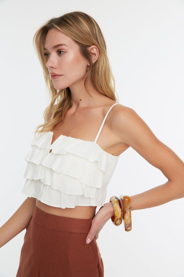 Trendyol Trendyol White Crop Woven Ruffled 100% Cotton Blouse