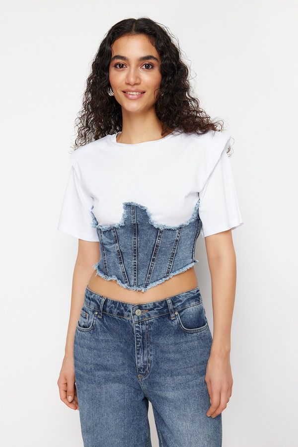 Trendyol Trendyol White Denim Detailed Crop Padded Knitted Blouse