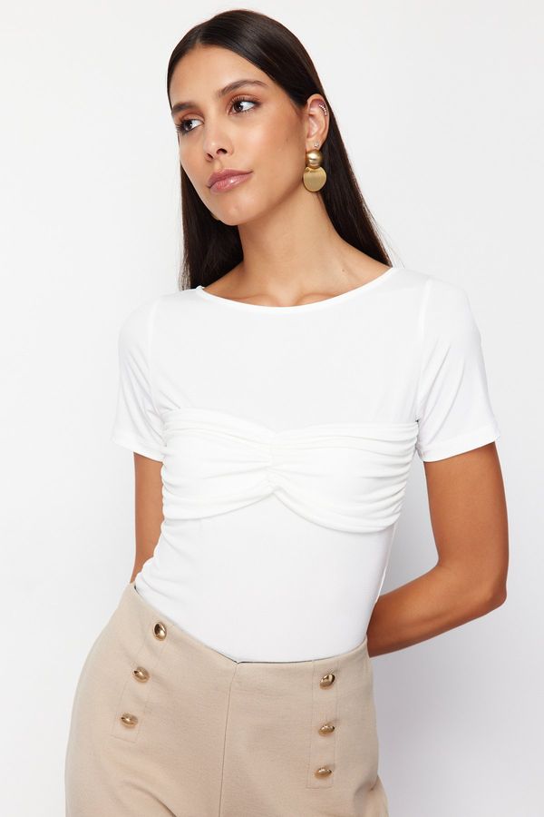 Trendyol Trendyol White Fitted/Body-Sitting String Detailed Flexible Knitted Blouse