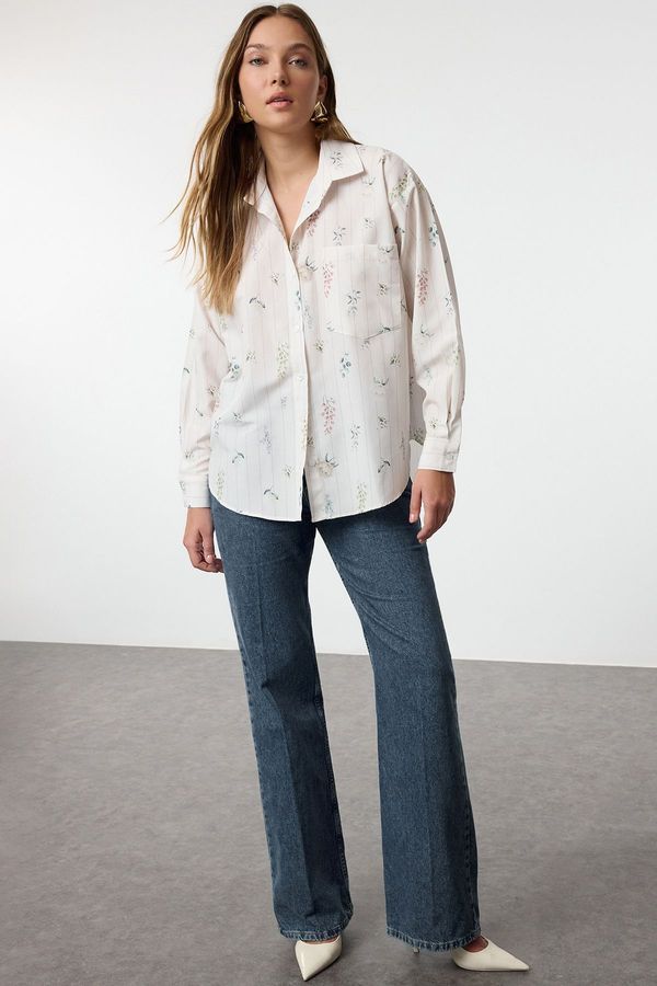 Trendyol Trendyol White Floral Patterned Woven Oversize Wide Pattern Shirt