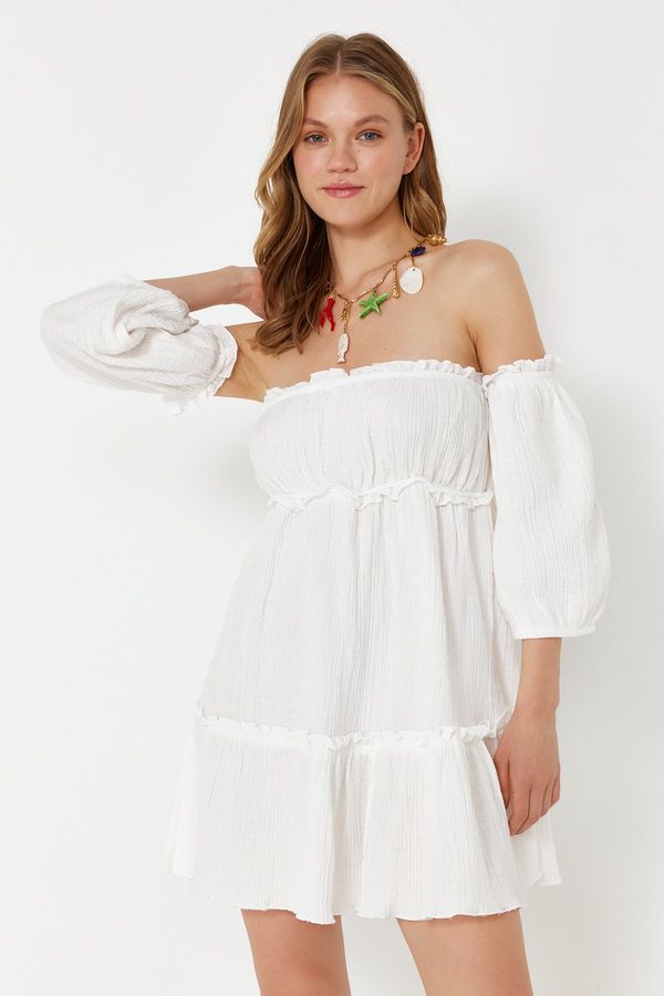 Trendyol Trendyol White Mini Woven Ruffle Muslin Beach Dress