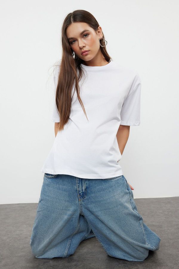 Trendyol Trendyol White More Sustainable 100% Cotton Printed Relaxed/Comfortable Fit Knitted T-Shirt