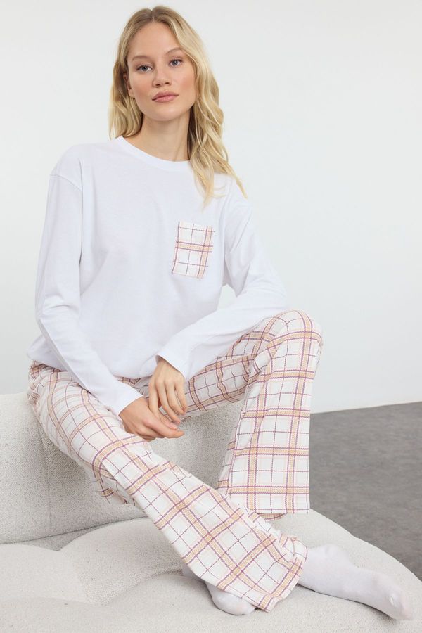 Trendyol Trendyol White-Multicolor Cotton Plaid Pocket Detailed Knitted Pajamas Set