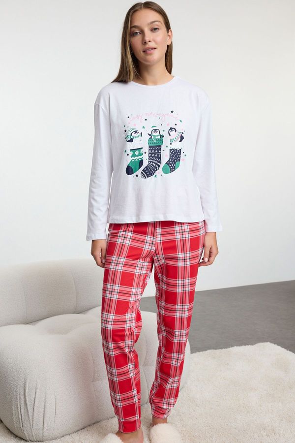 Trendyol Trendyol White-Multicolored 100% Cotton Christmas Themed Plaid Knitted Pajama Set