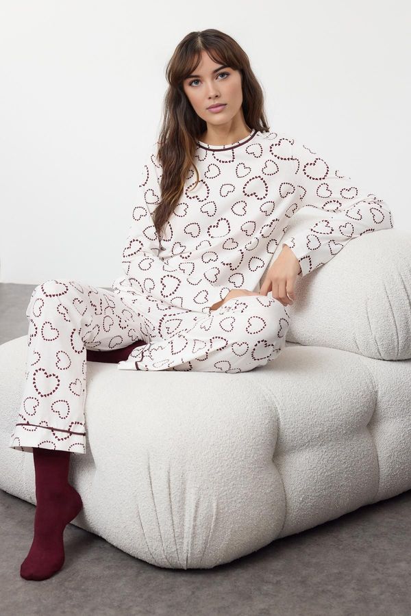 Trendyol Trendyol White-Multicolored 100% Cotton Heart-shaped Knitted Pajama Set