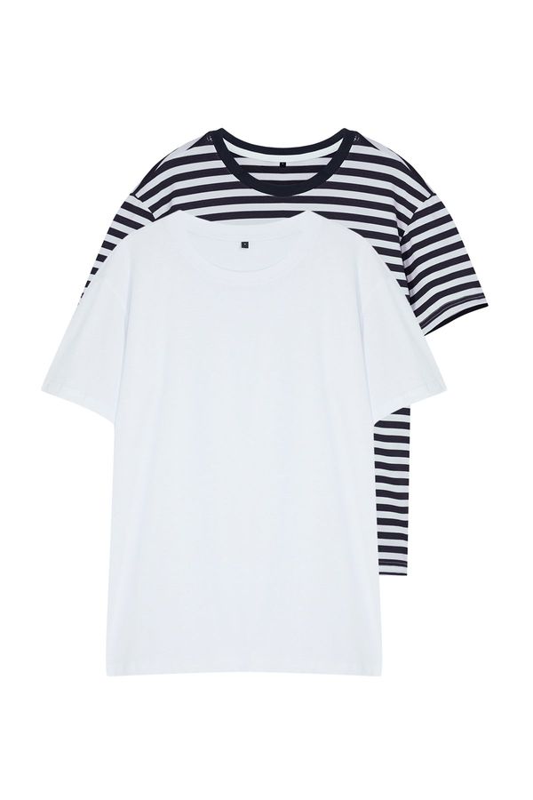 Trendyol Trendyol White-Navy Blue Striped Basic Regular Cut 2 Pack Short Sleeve T-Shirt