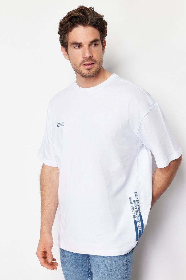 Trendyol Trendyol White Oversize Text Printed 100% Cotton T-Shirt