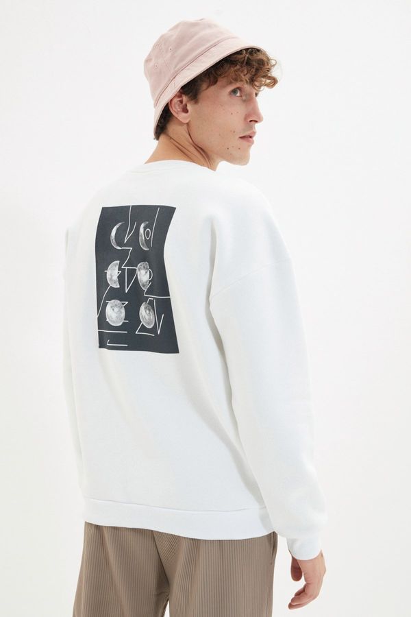 Trendyol Trendyol White Oversize/Wide Cut Crew Neck Space Printed Fleece Inside Sweatshirt