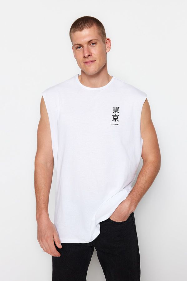 Trendyol Trendyol White Oversize/Wide Cut Letter Printed 100% Cotton Sleeveless T-Shirt/Athlete