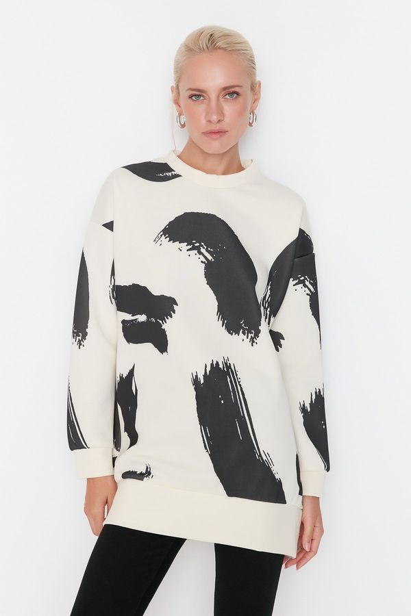 Trendyol Trendyol White Patterned Crew Neck Scuba Knitted Sweatshirt