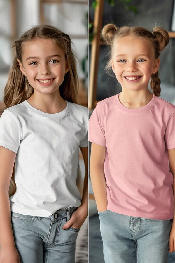 Trendyol Trendyol White-Pink Girl's Double Basic Package Crew Neck Knitted T-Shirt