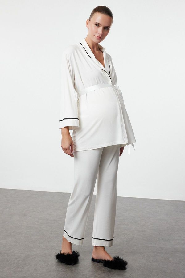 Trendyol Trendyol White Piping and Belted Knitted Maternity & Postpartum Pajama Set