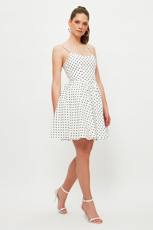 Trendyol Trendyol White Polka Dot Skater/Belt Opening Mini Lined Woven Dress