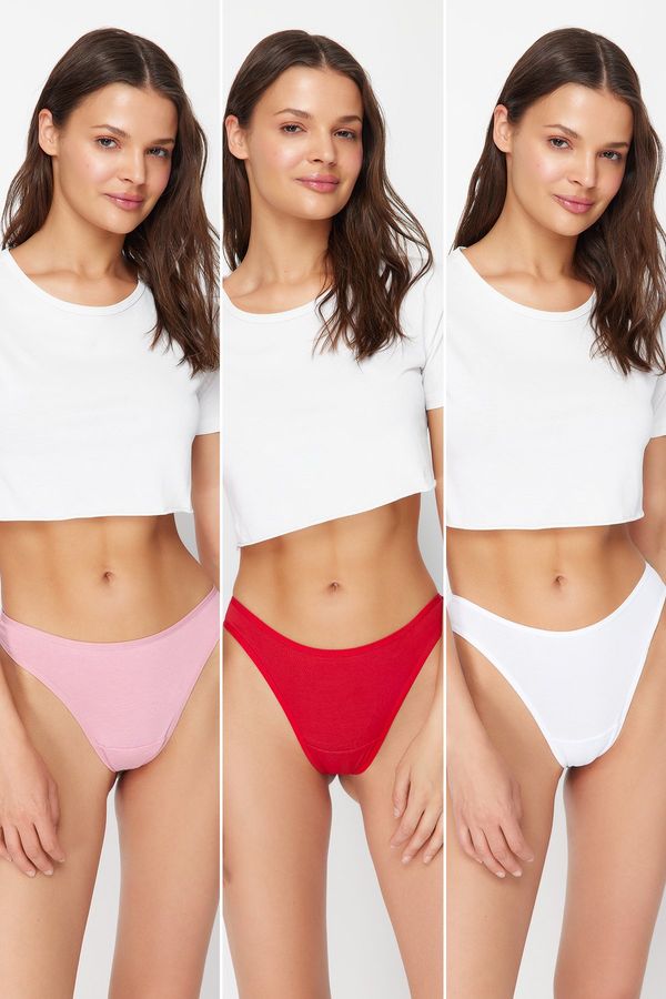 Trendyol Trendyol White-Red-Pink 3 Pack Cotton Thong Knitted Panties