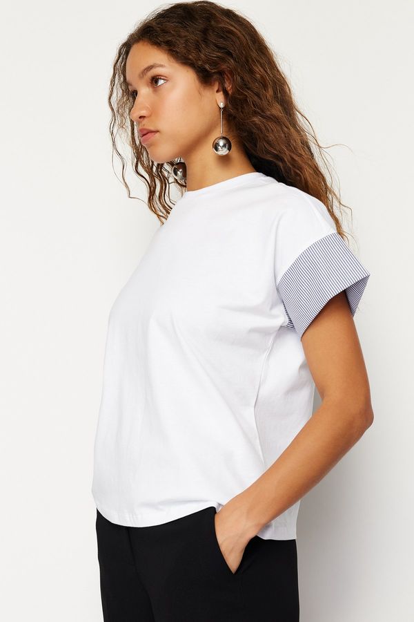 Trendyol Trendyol White Relaxed/Comfortable Cut Poplin Sleeve Detailed Knitted T-Shirt