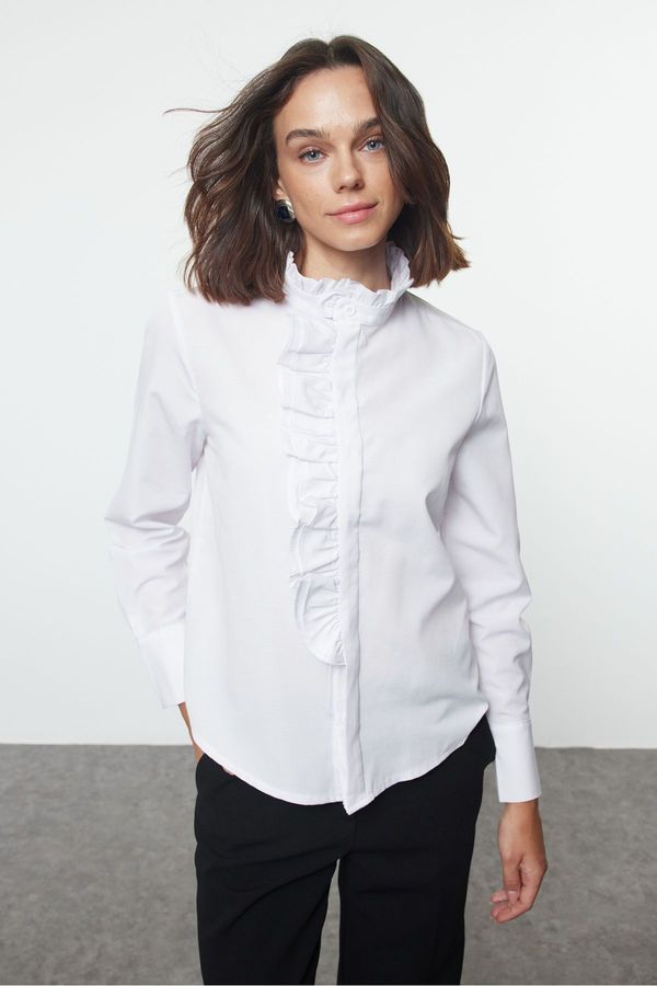 Trendyol Trendyol White Ruffle Detailed Regular Fit Woven Shirt