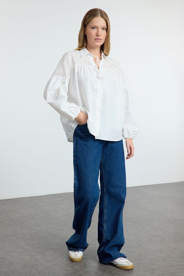 Trendyol Trendyol White Shoulder and Sleeve Embroidered Lace Detailed Woven Shirt