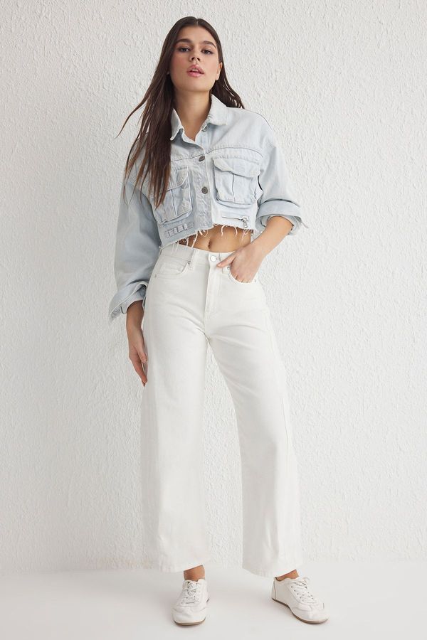 Trendyol Trendyol White Stitch Detail High Waist Barrel Baggy Jeans