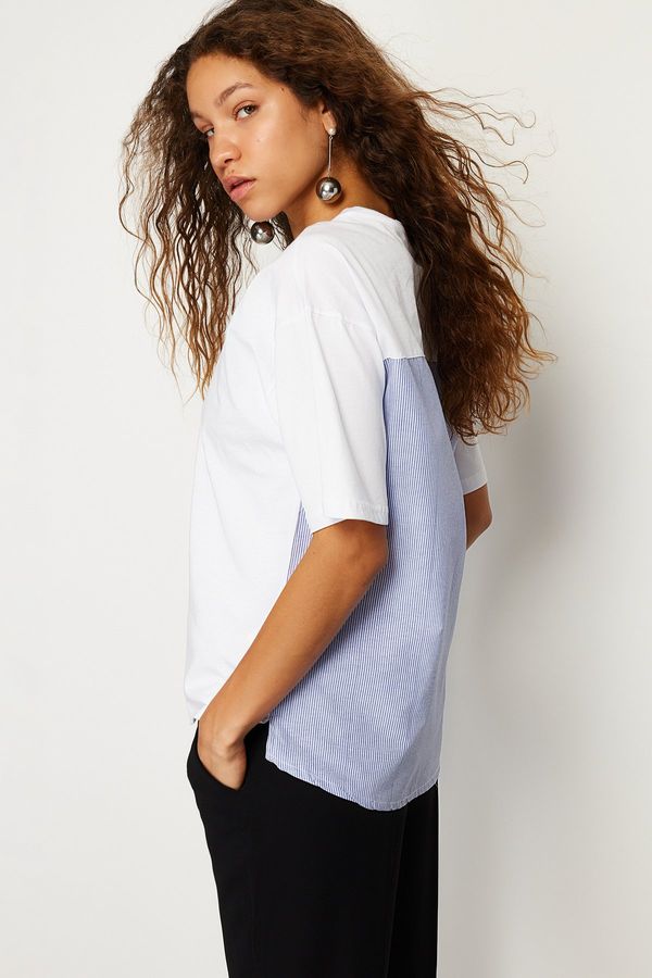 Trendyol Trendyol White Striped Poplin Detail Oversize/Wide Fit Knitted T-Shirt