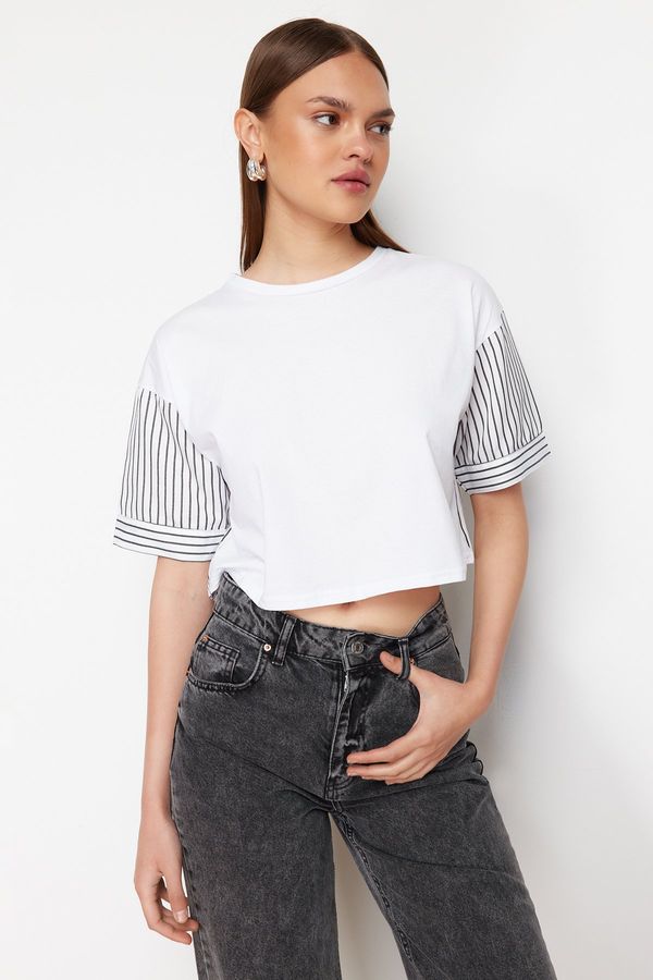 Trendyol Trendyol White Striped Poplin Sleeve Detailed Slogan Printed Crop Knitted T-Shirt