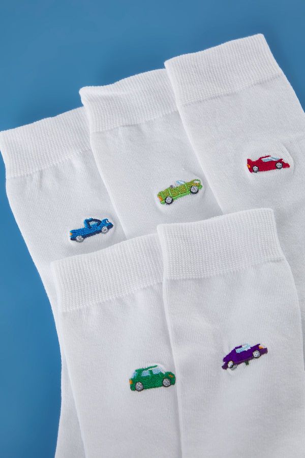 Trendyol Trendyol White Unisex 5 Pack College/Tennis/Medium Embroidered Cotton Socks
