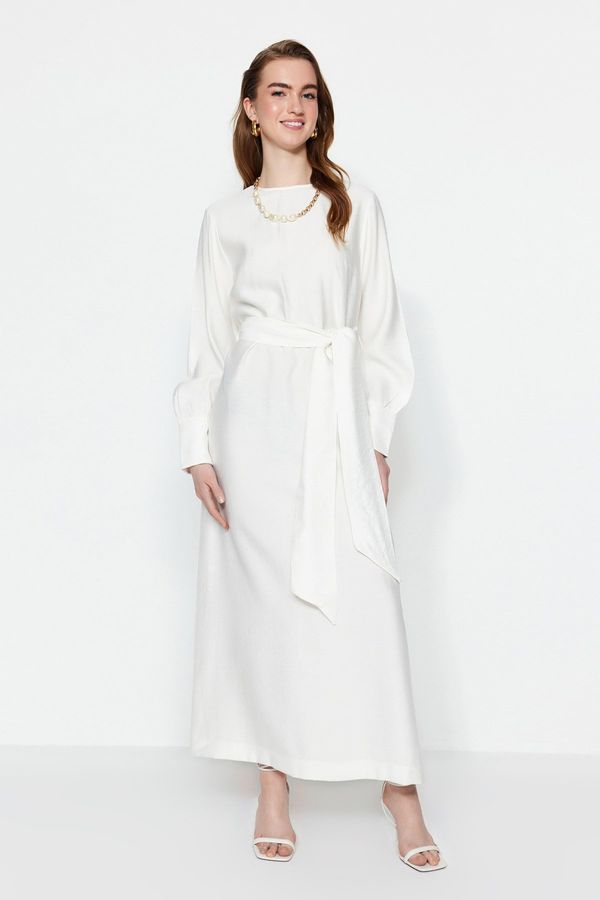 Trendyol Trendyol White Wide Belted Zipper Cuffed Unlined Linen Look Dress