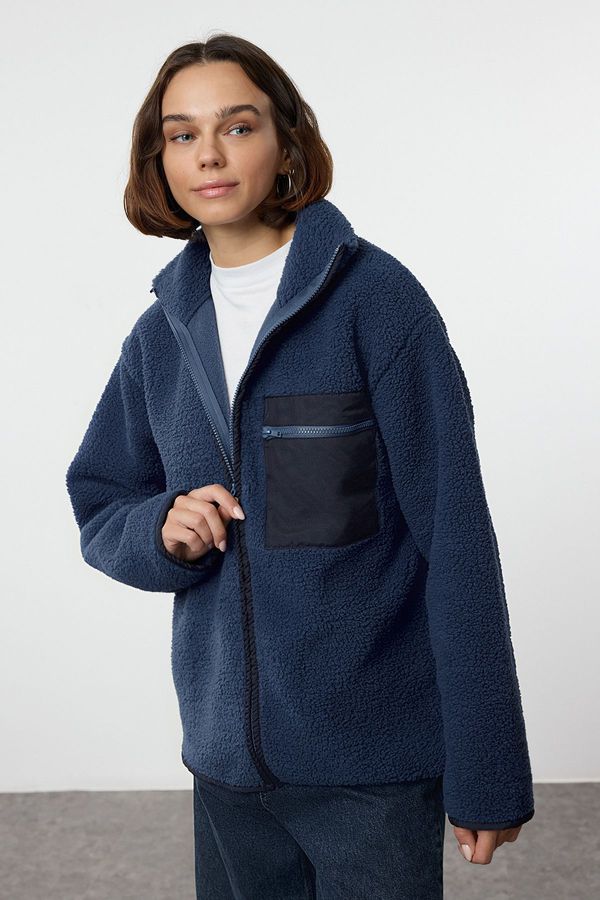 Trendyol Trendyol Winter Essentials Indigo Thick Fleece Zippered Stand-Up Collar Pocket Knitted Sweatshirt