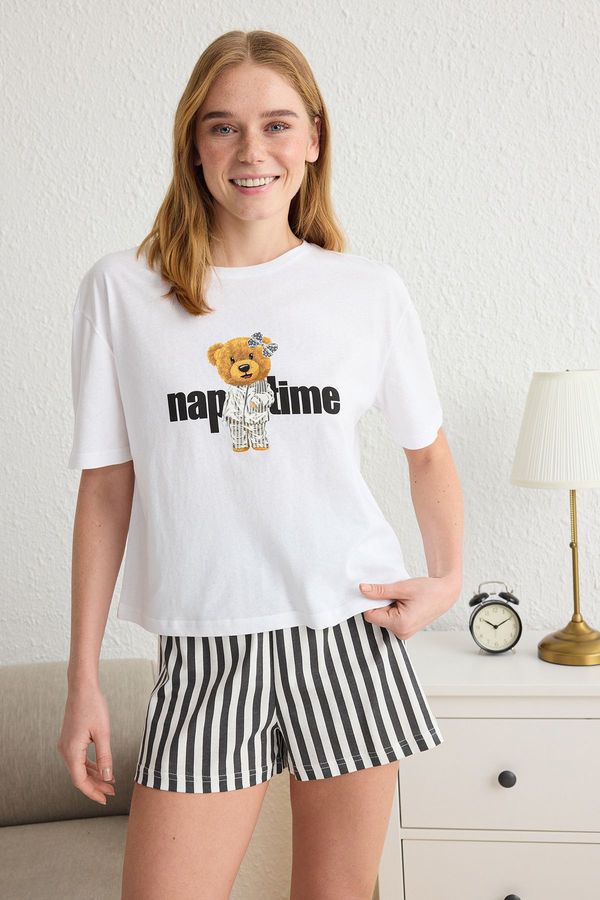 Trendyol Trendyol Women Couple/Double Ecru 100% Cotton Teddy Bear Striped Knitted Pajama Set