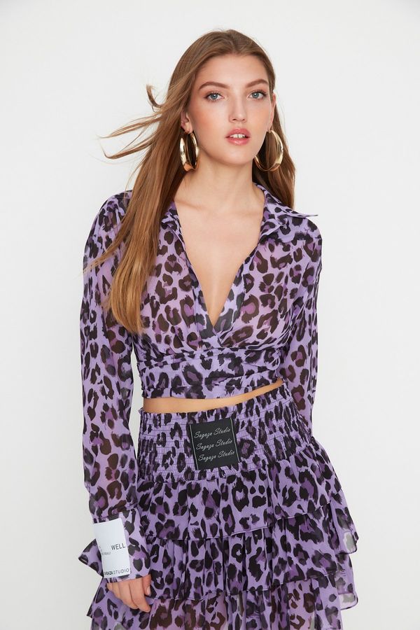 Trendyol Trendyol X Sagaza Studio Purple Leopard Print Chiffon Shirt