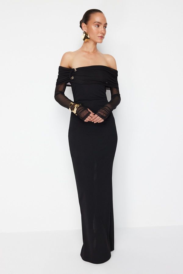 Trendyol Trendyol X Zeynep Tosun Black Knitting Accessories and Gloves Detailed Long Evening Dress & Graduation Dress