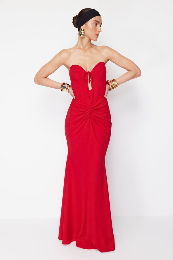 Trendyol Trendyol X Zeynep Tosun Red Fish Knitting Detailed Long Evening Dress & Graduation Dress