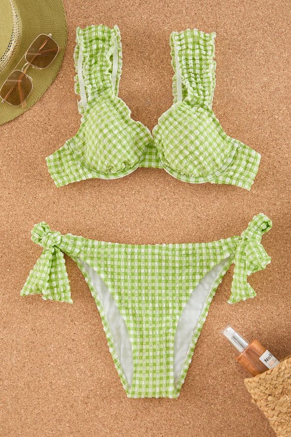 Trendyol Trendyol Yellow-Multicolor Plaid / Plaids Bralette Regular Waist Bikini Set