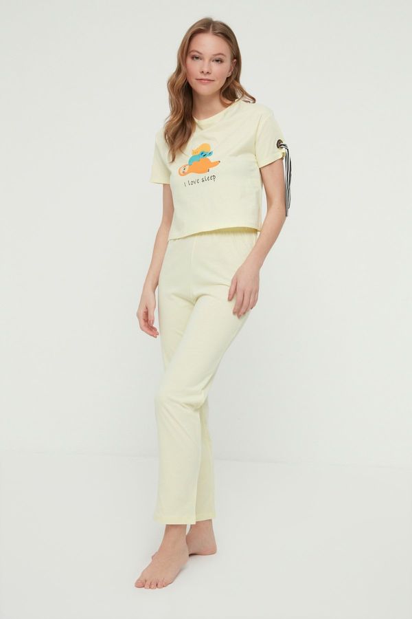 Trendyol Trendyol Yellow Printed Stripe Knitted Pajamas Set