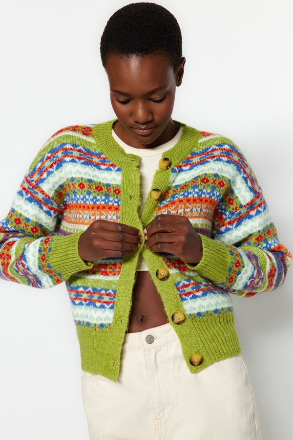 Trendyol Trendyol zeleni mehki teksturirani vzorčasti pulover za pletenine