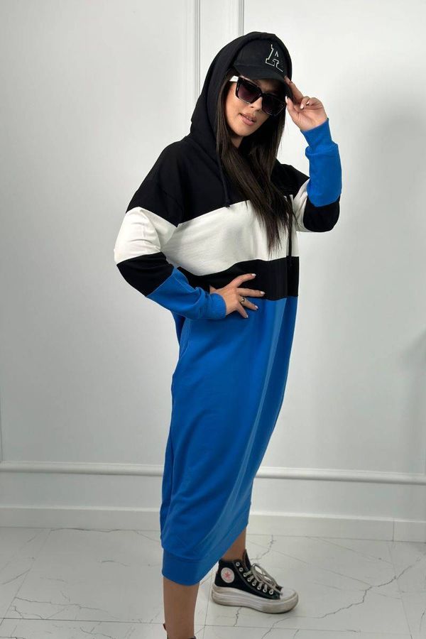 Kesi Tri-color Hooded Dress Black + Ecru + Cornflower