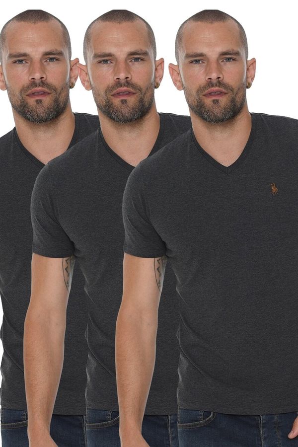 dewberry TRIPLE SET T8568 DEWBERRY V-NECK MEN'S T-SHIRT-ANTHRACITE-ANTHRACITE-ANTHRACITE