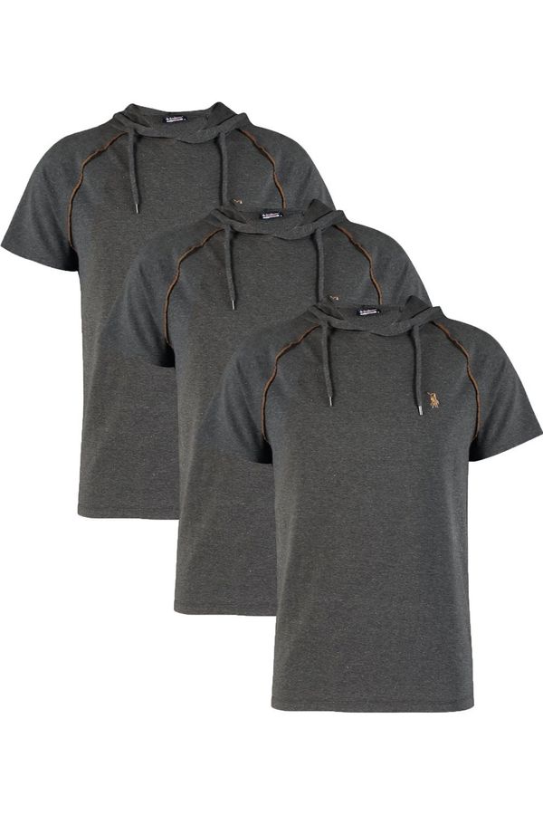 dewberry TRIPLE SET T8570 DEWBERRY HOODED MEN'S T-SHIRT-ANTHRACITE-ANTHRACITE-ANTHRACITE