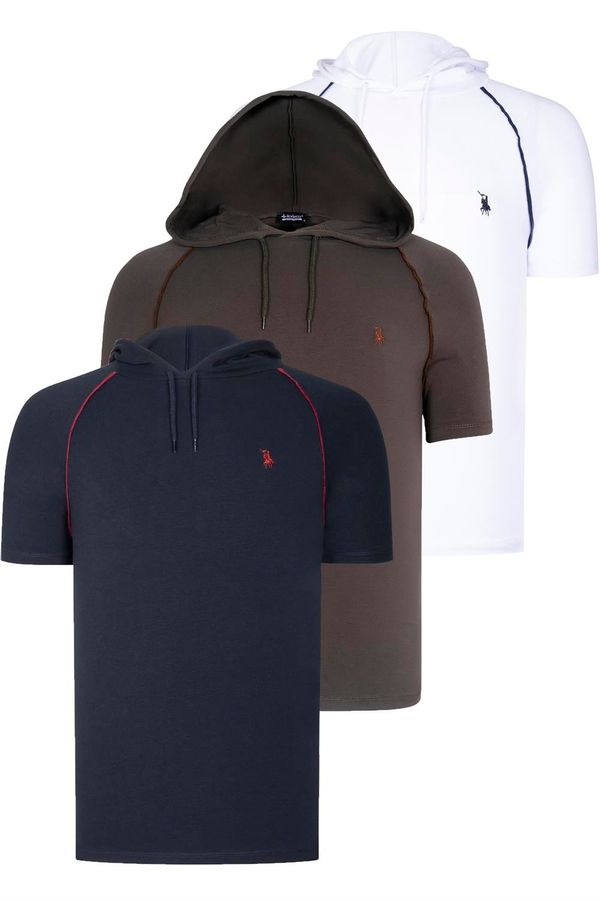 dewberry TRIPLE SET T8570 DEWBERRY HOODED MEN'S T-SHIRT-NAVY BLUE-WHITE-KHAKI